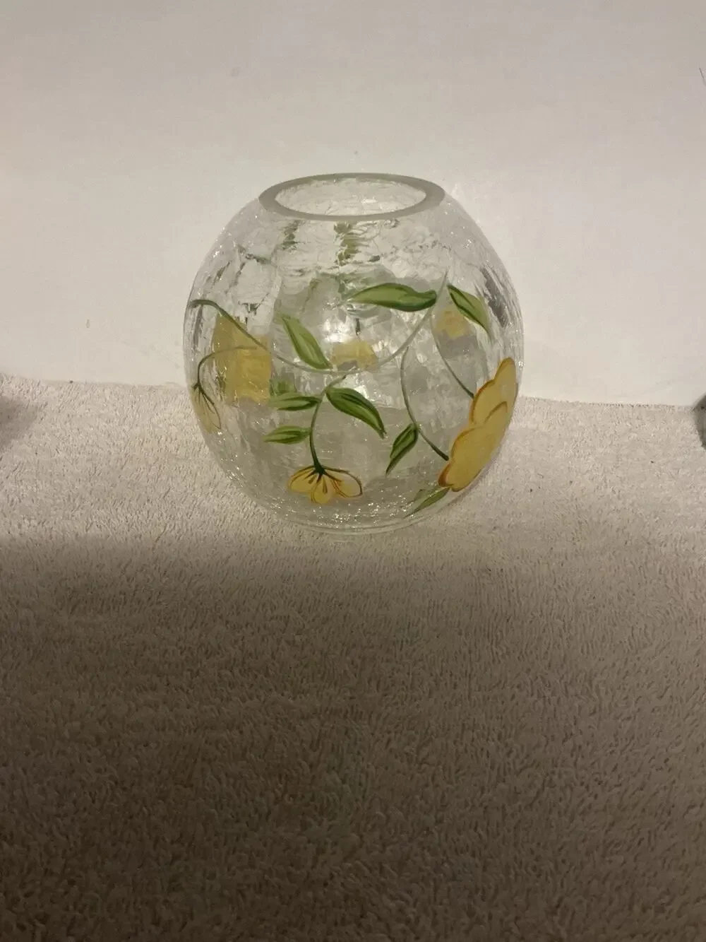 Vintage Fifth Avenue Crystal Crackle Glass Globe Yellow Floral Tea light